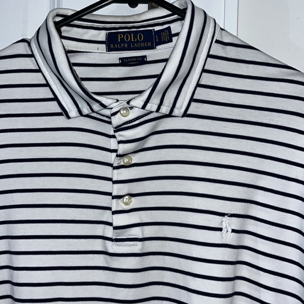 White Black Polo Ralph Lauren w/Pony pointed spread collar Tennis golf shirt L